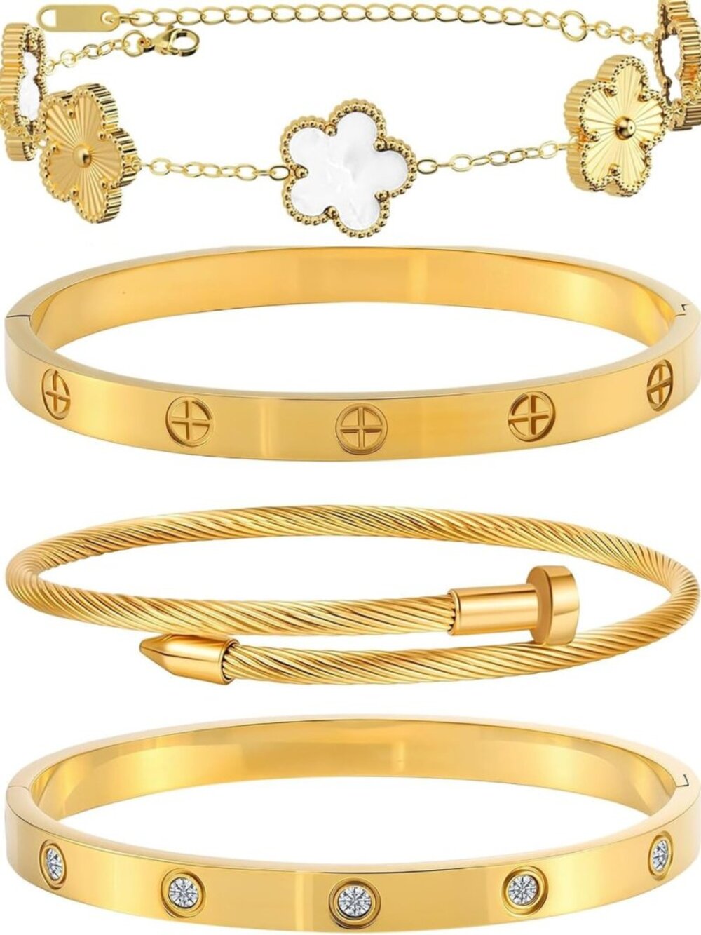 Trendy 4-Pc Stackable Floral Gold Bracelets Set - Non-Tarnish Stainless Steel